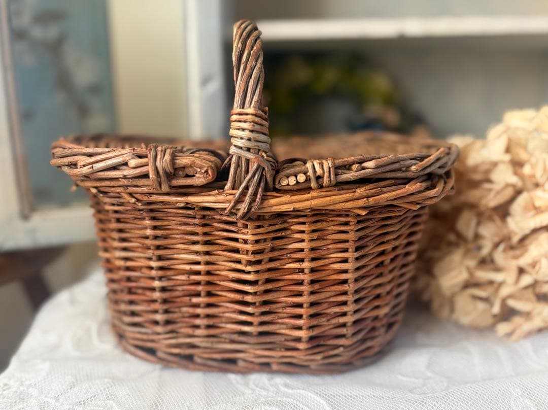 フランスアンティーク パニエ 木製 バスケット 藤 かご 籠 ボックス 蚤の市