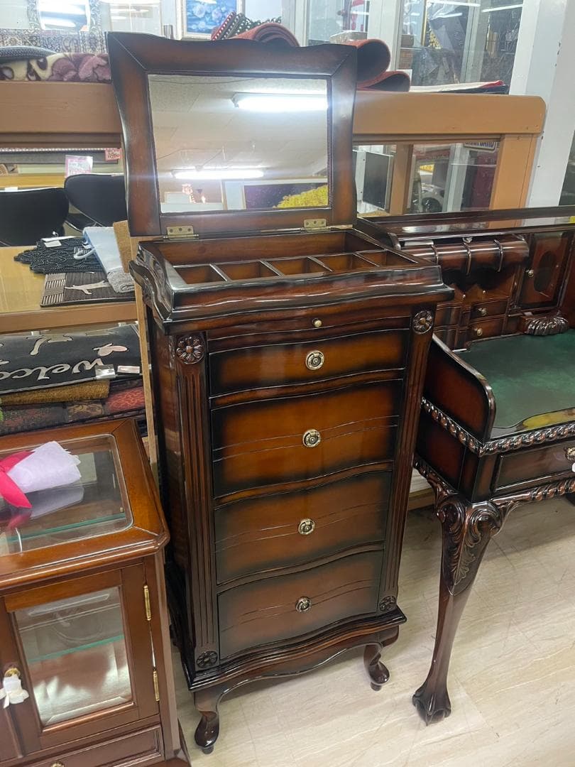 マホガニー　ミラー付き　4段チェスト　ドレッサー　アンティーク　化粧台　鏡付き