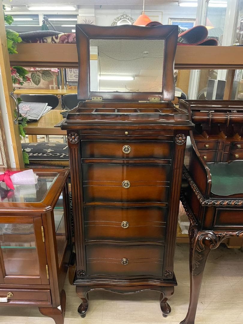 マホガニー　ミラー付き　4段チェスト　ドレッサー　アンティーク　化粧台　鏡付き