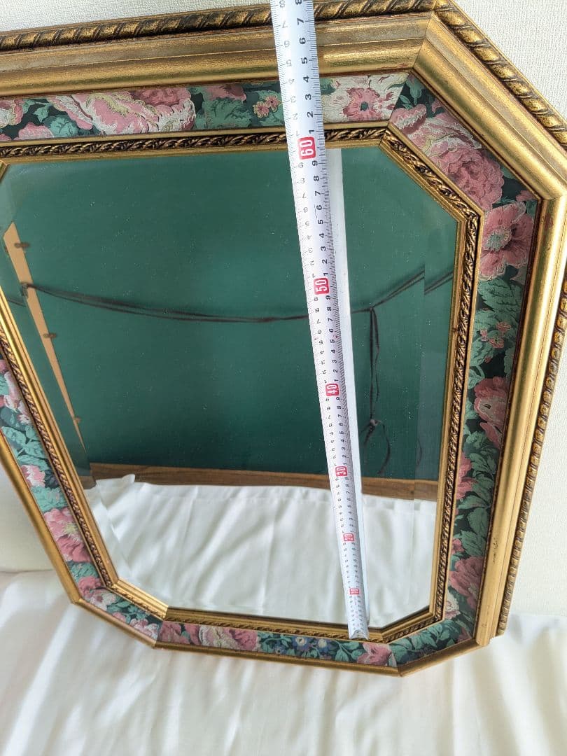 アンティーク 壁掛け 八角 ミラー 鏡 花柄 ヴィンテージ ゴールド
