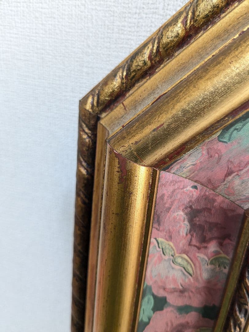 アンティーク 壁掛け 八角 ミラー 鏡 花柄 ヴィンテージ ゴールド