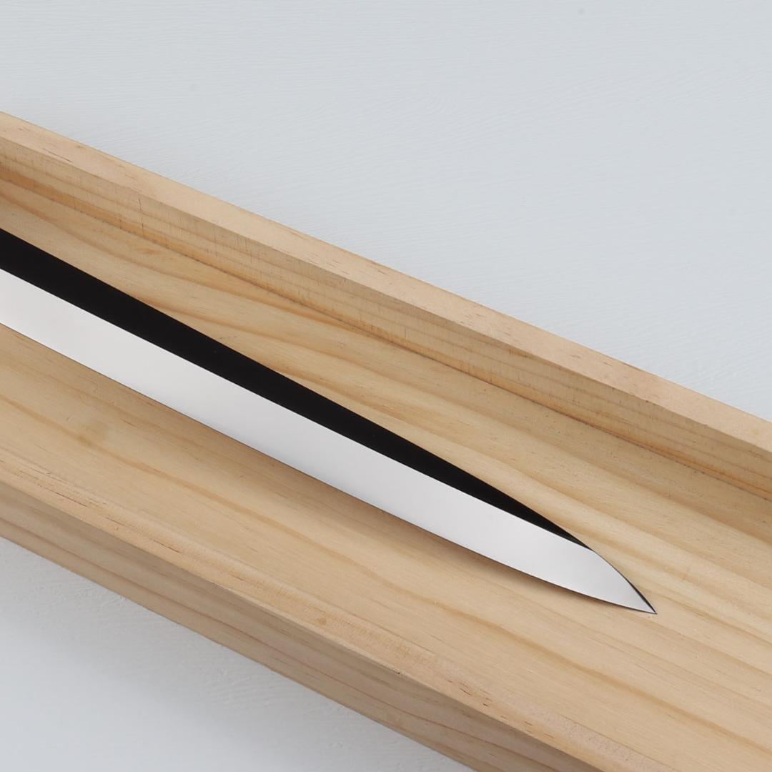 5550 柳刃包丁 尺寸 ウルトラ鏡面仕上げ 刺身包丁 人工象牙黒三本巻八角柄