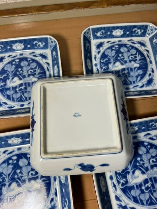 329 深川製磁　時代物　角皿セット 染付オシドリ  6客　古美術品