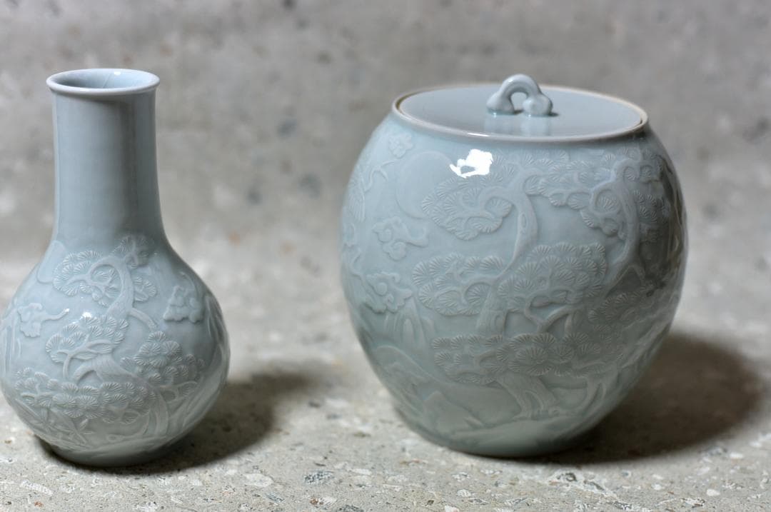 値下げ、青華白磁陰陽刻　皆具【極上品】　共箱/お茶道具