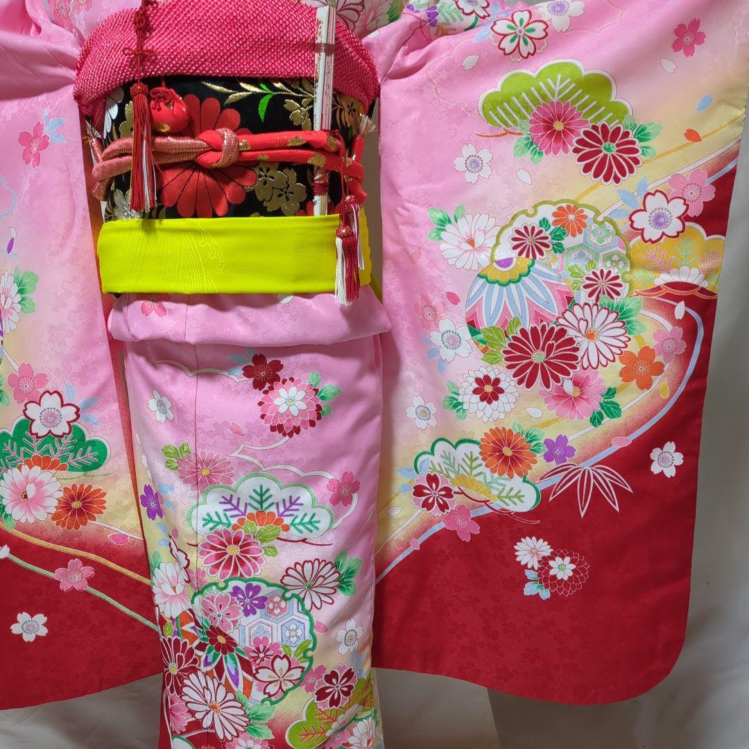 七五三　７歳用　ピンク着物コーディネート一式　簪セット付き　美品
