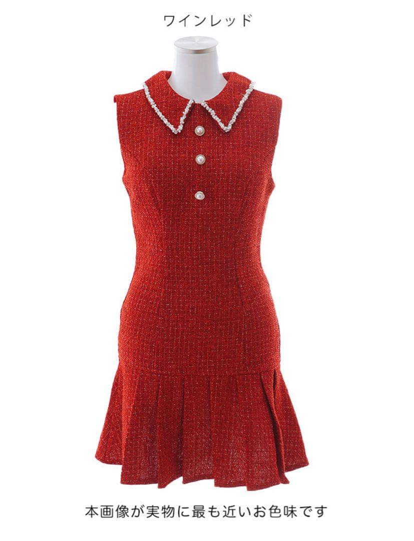 赤　レッド　キャバドレス　ミニドレス　ツイード　プリーツ　ノースリーブ　XS