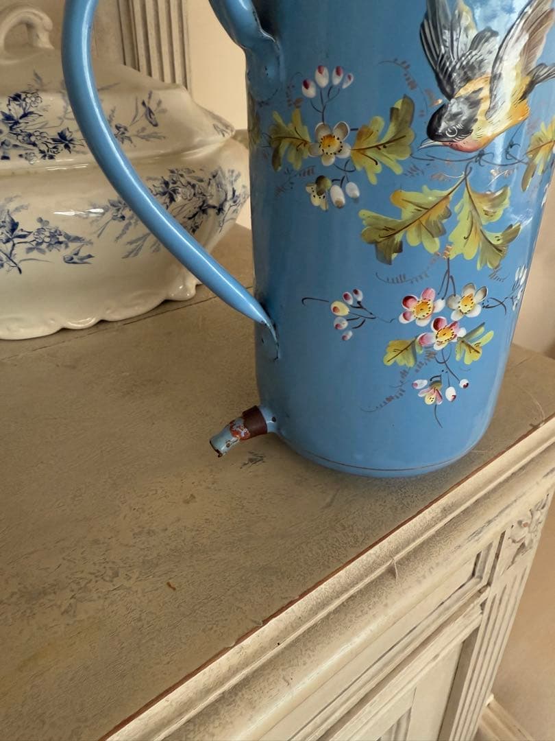 レア！フランスアンティーク水色黒い小鳥とお花手描きのホーローイリゲーター