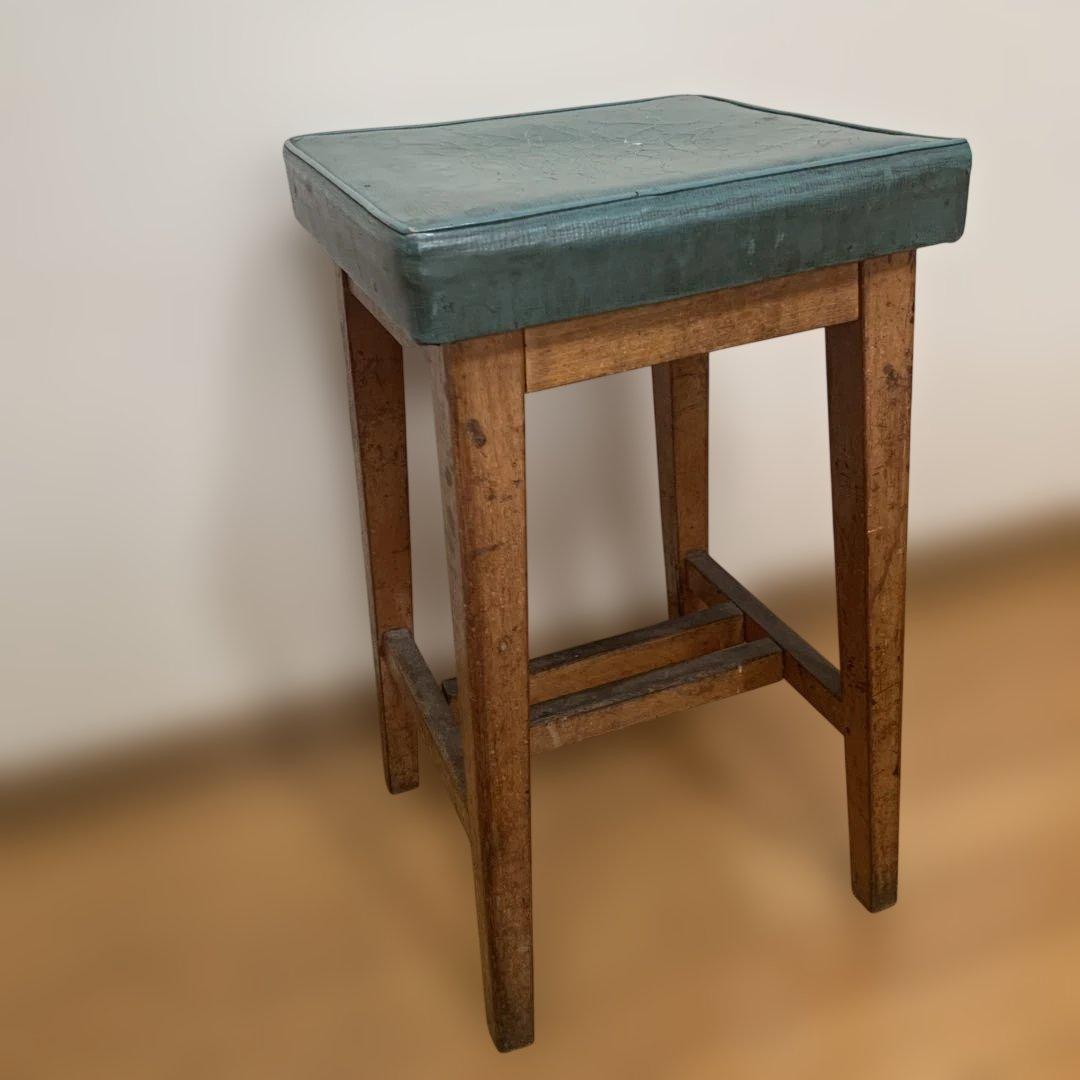 昭和レトロ　木製スツール 緑色クッション付き アンティーク　インテリア　オブジェ