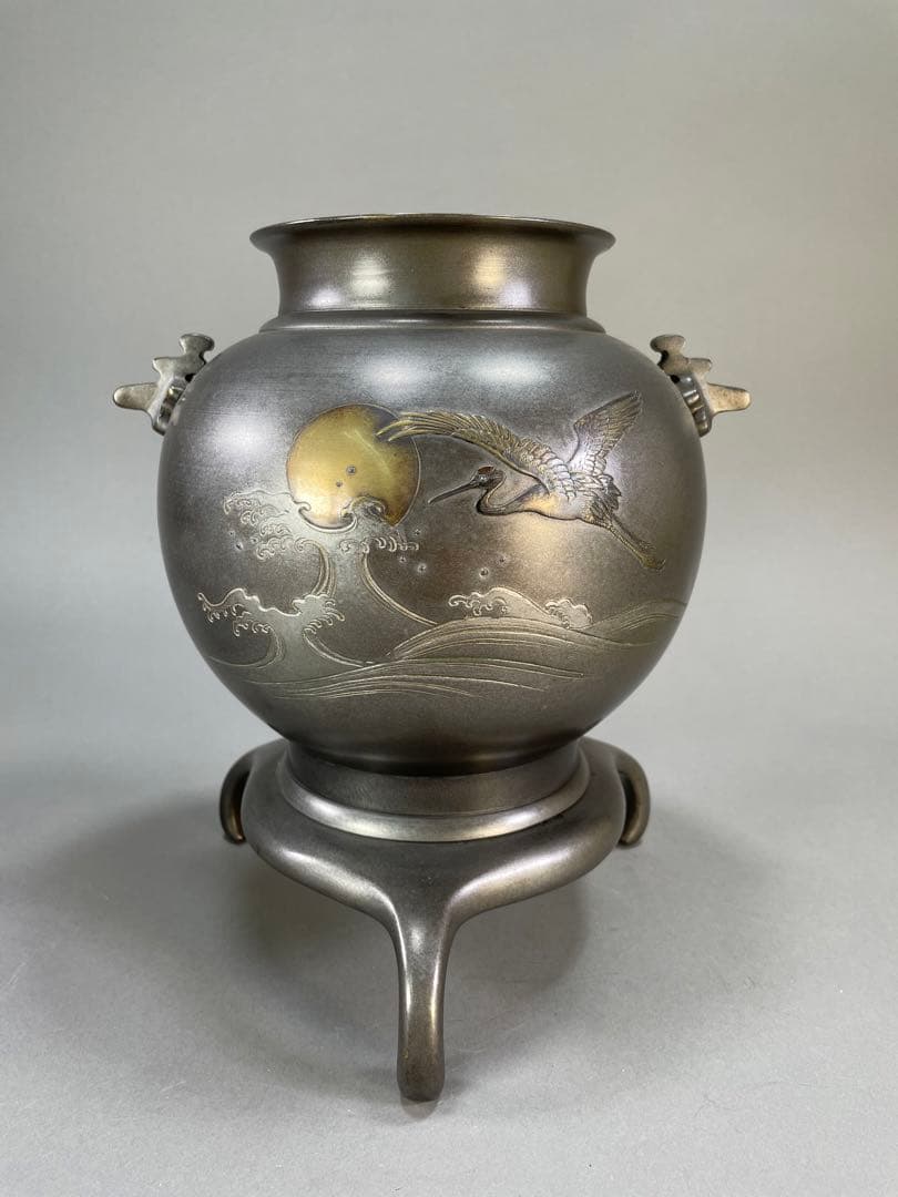 いけばな　池坊　古流　銅薄端　波鶴耳付　華道　銅器　花瓶