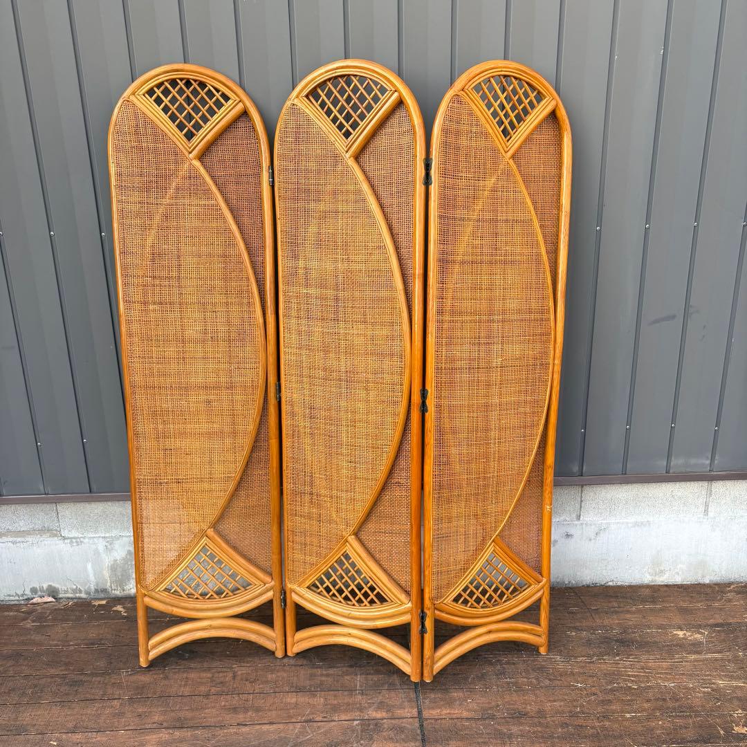 昭和レトロ エスニック 古家具 3連ラタンパーテーション 間仕切りパーティション