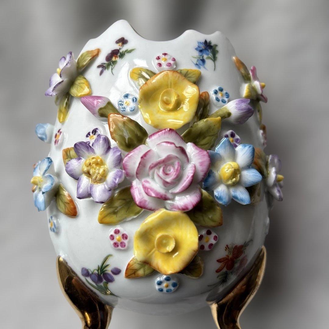 ドイツ ドレスデン風 陶器 花装飾 卵型 花器 金彩 脚付き ヴィンテージ