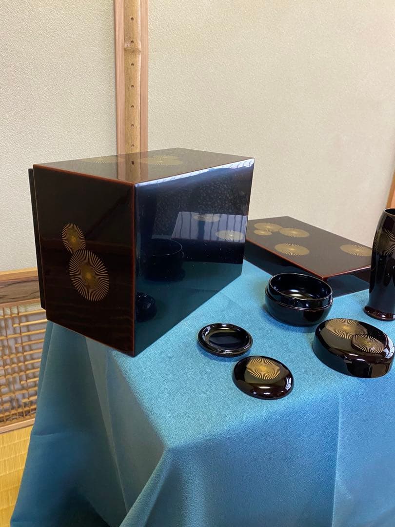 【本日限定】茶道具/茶箱 唐松蒔絵 利休茶箱 溜真塗り 唐松紋 工芸品 美品