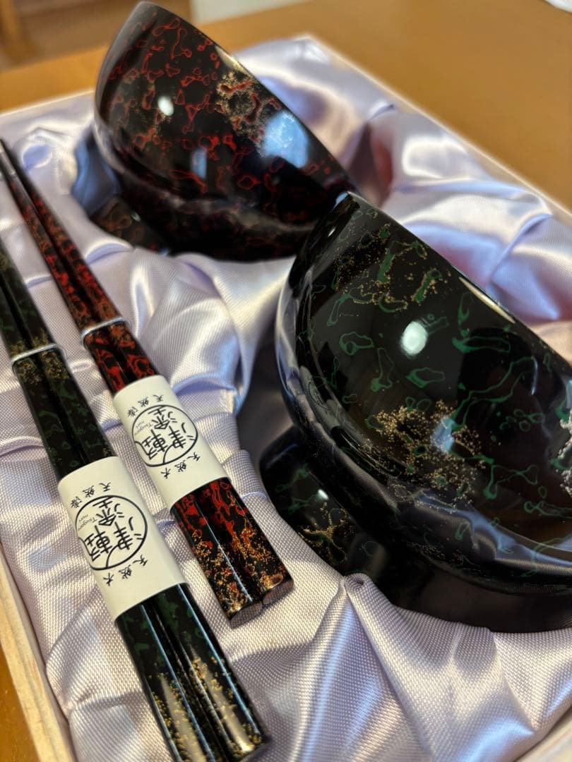 津軽塗　夫婦汁椀、箸セット