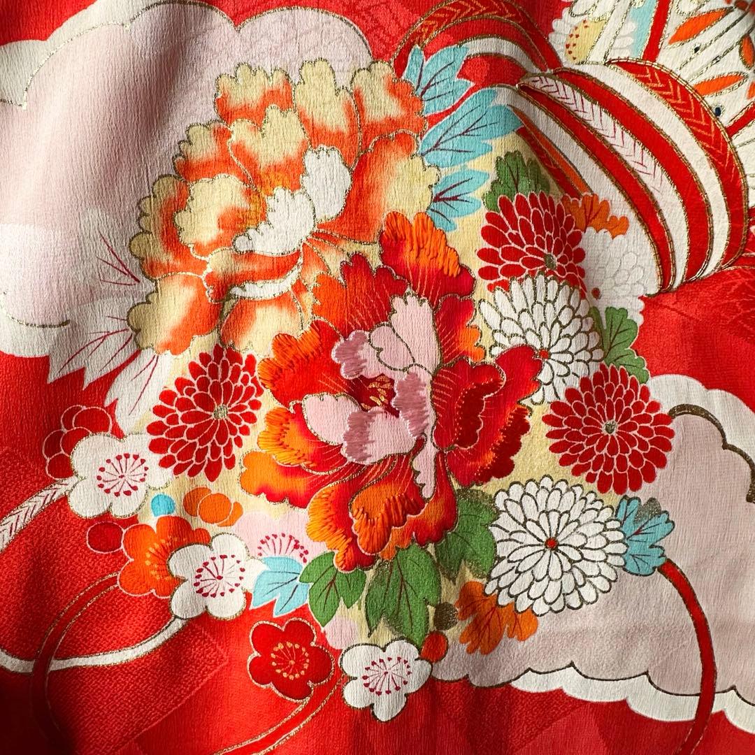 アンティーク 女児 お宮参り 祝い着 赤ピンクぼかし 金彩 金駒刺繍 長襦袢付き