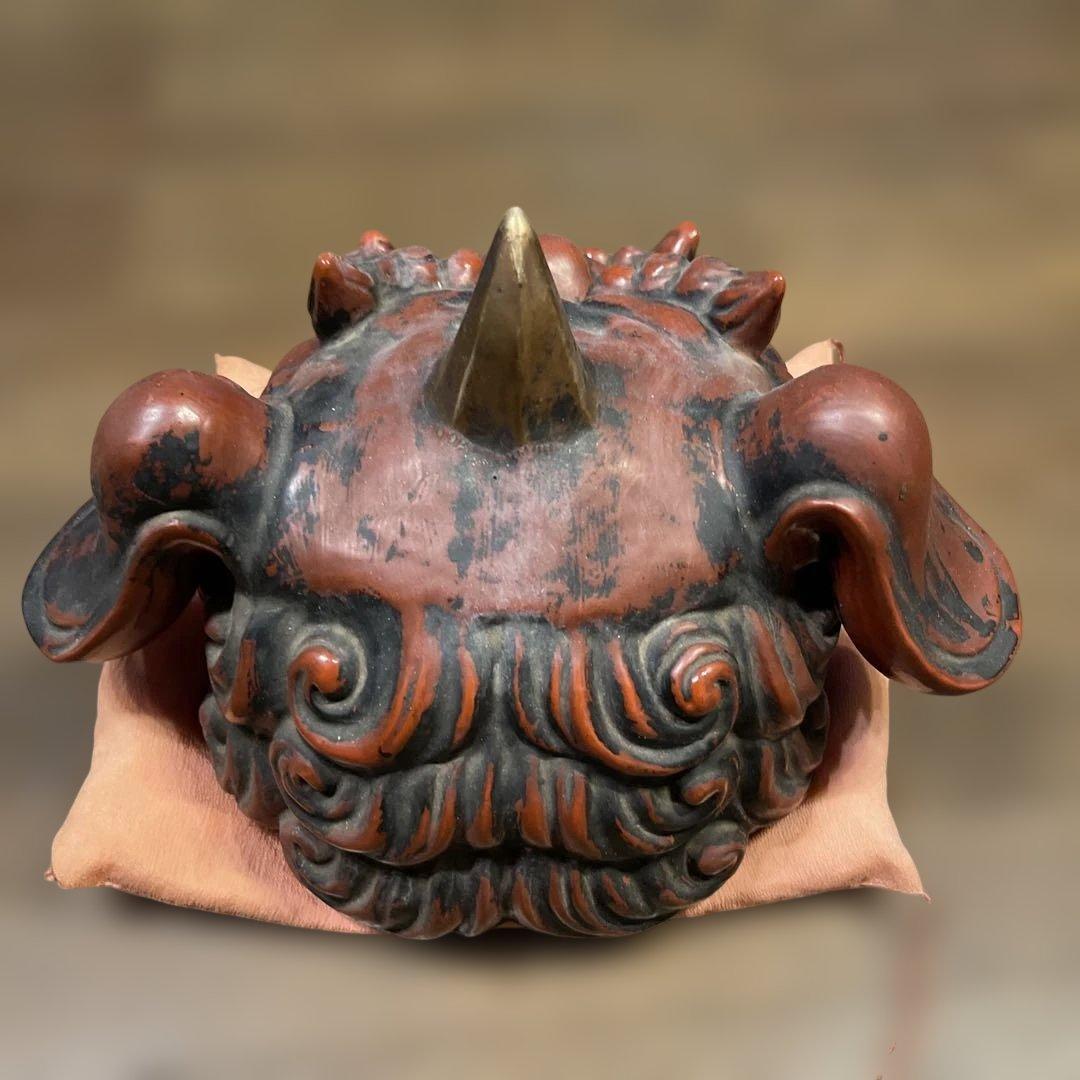 【九谷焼】獅子頭 赤黒　床の間 魔除け 縁起物 厄除け 置物 インテリア