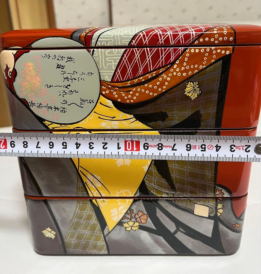 会津塗 木製三段重 朱漆 浮世絵 手書 蒔絵 うるし絵・会津絵　珍品