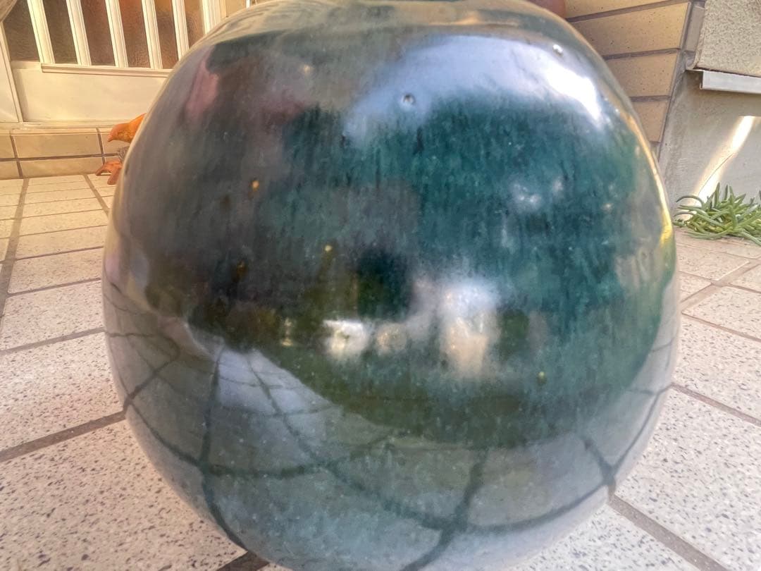 新品　未使用　上野焼　岩男元彦窯作　青緑色 陶器 花瓶 中型 木箱付き