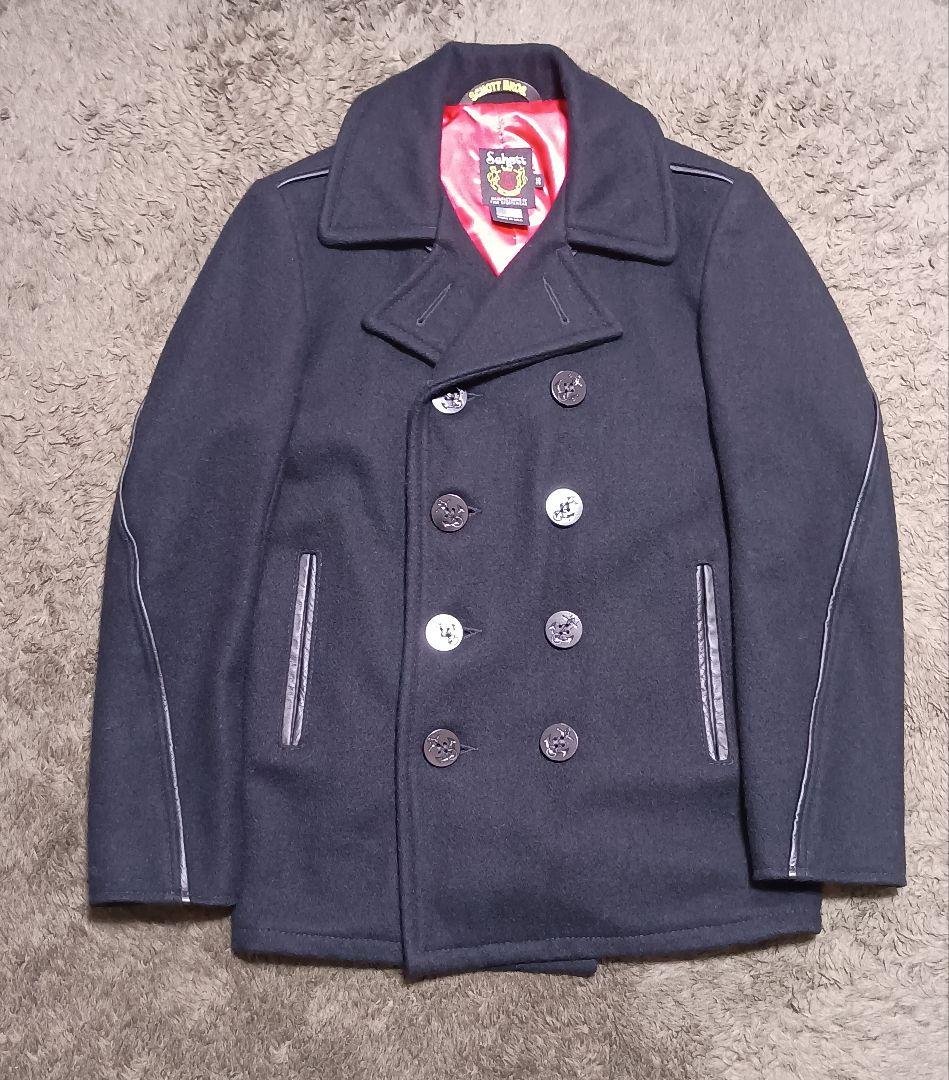 レア Schott レザーパイピングウールPコート ネイビー/黒 本革