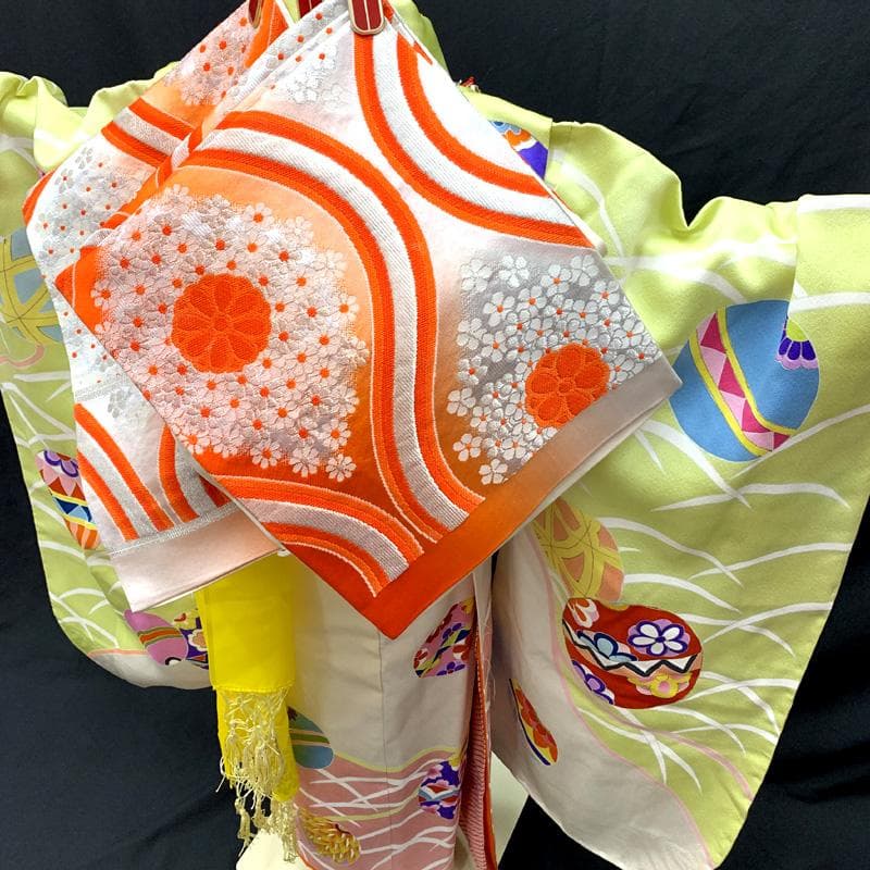 504ag6,帯揚げ帯締めしごき□七五三 七歳 女児 着物&袋帯 毬 芝文
