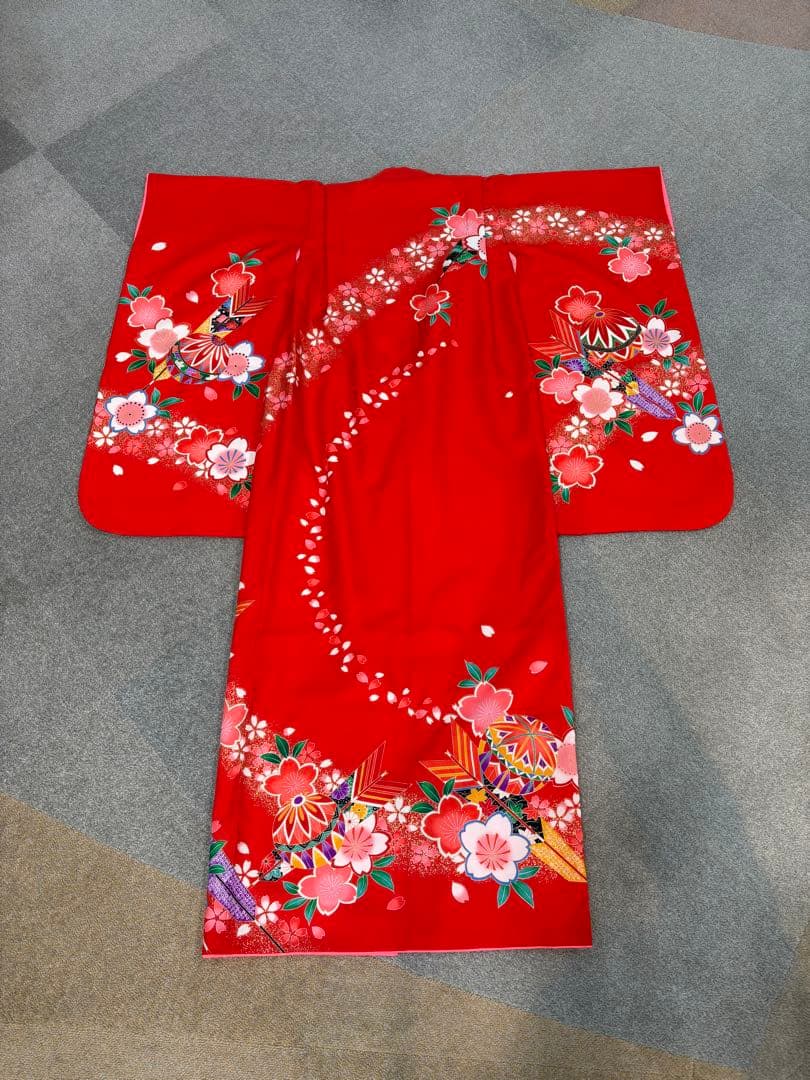七五三用 赤 花柄 着物 長襦袢半衿付き 7歳 兵児帯 へこ帯