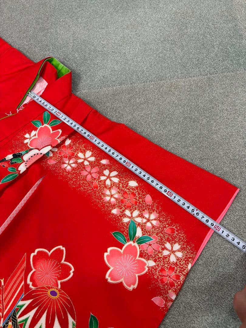 七五三用 赤 花柄 着物 長襦袢半衿付き 7歳 兵児帯 へこ帯
