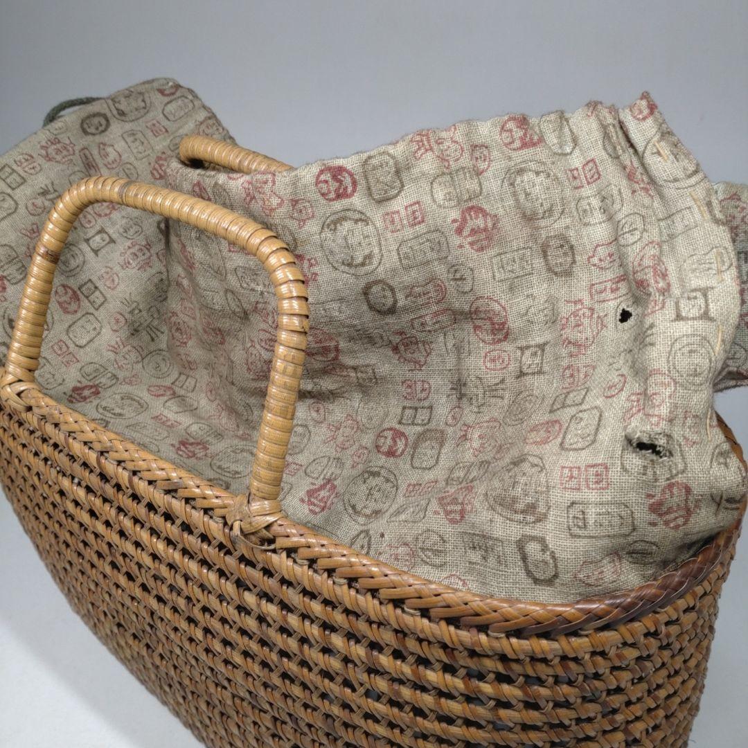 古い 籐編み 手提げ 籠／かご 古布 籐 バッグ