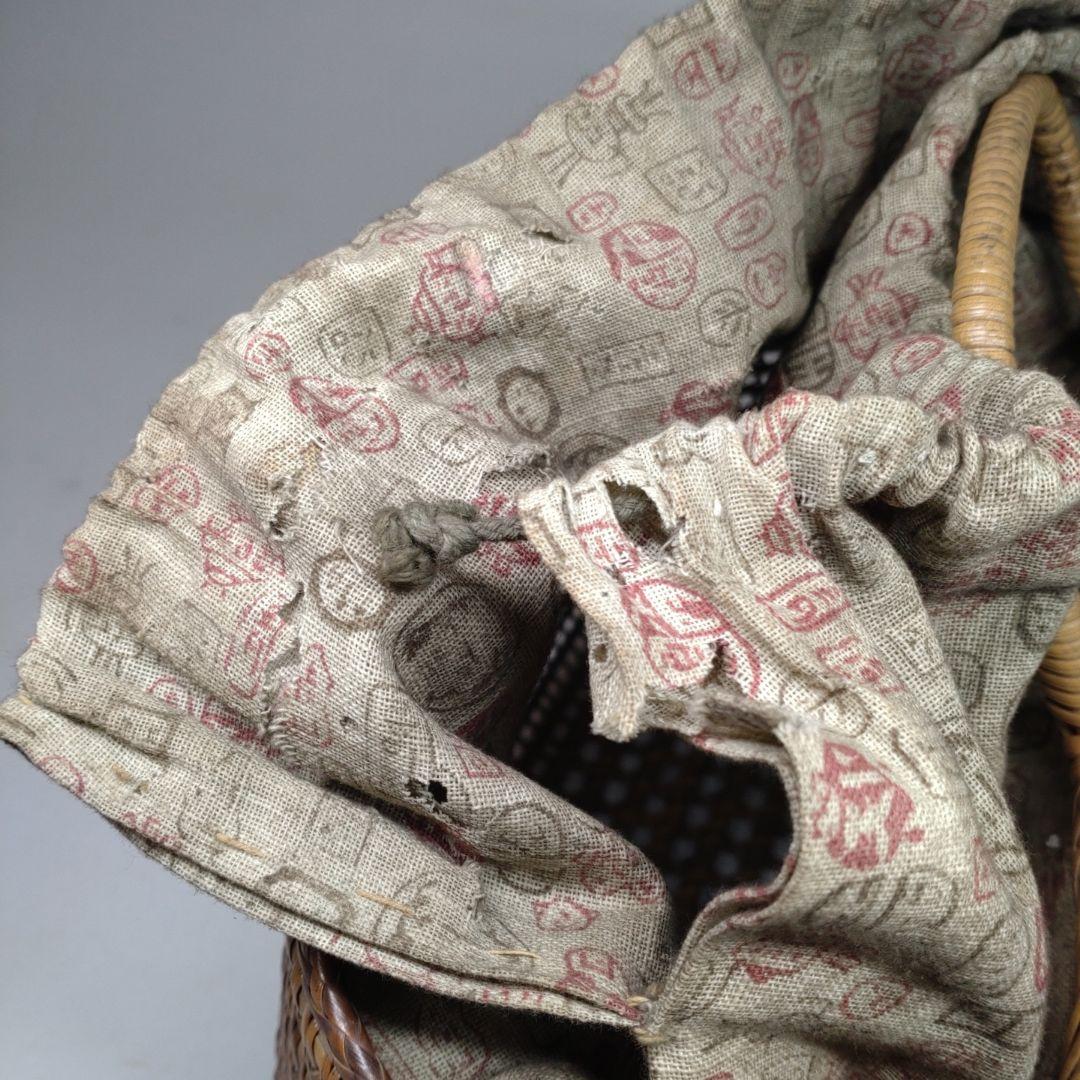 古い 籐編み 手提げ 籠／かご 古布 籐 バッグ