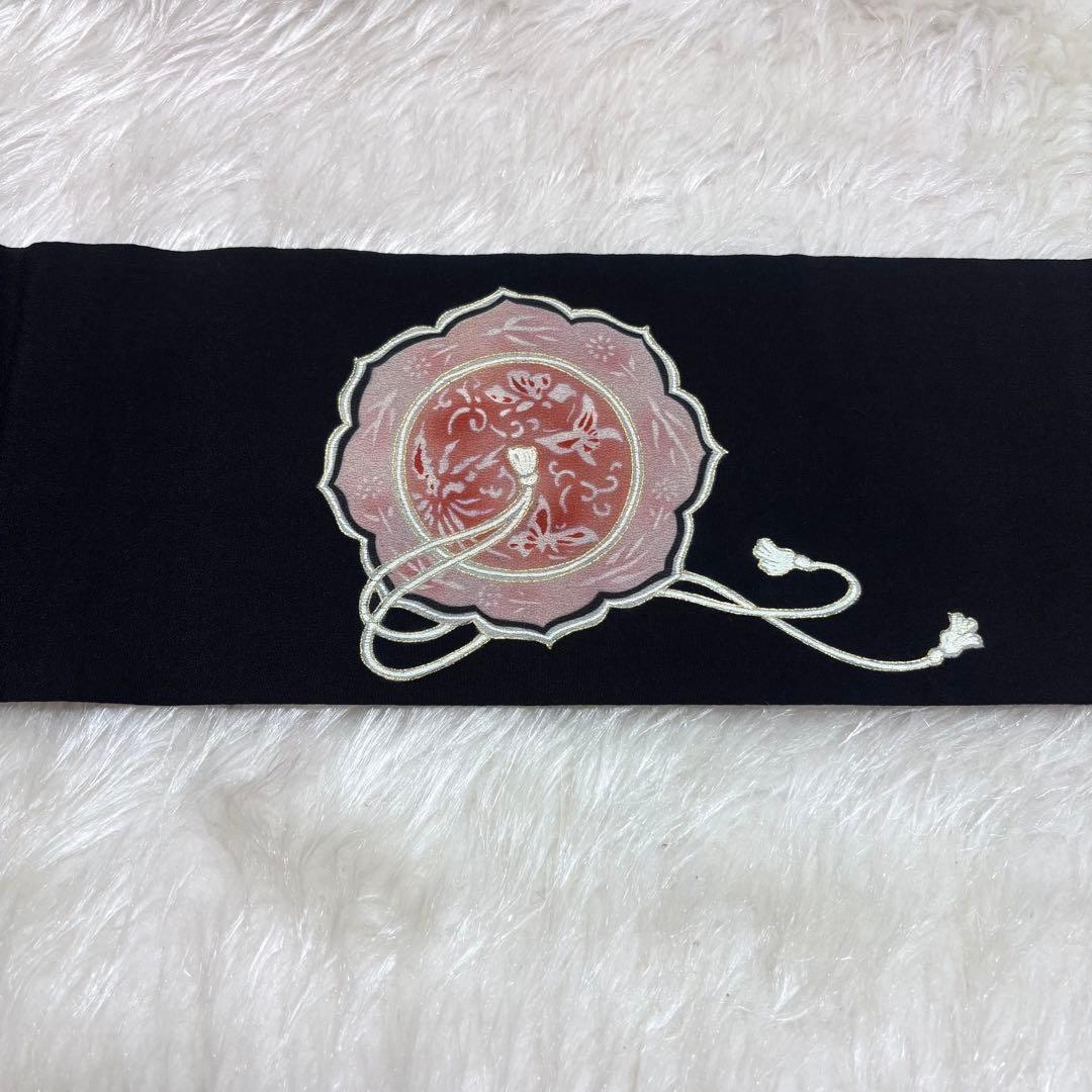 ✨ 【美品】九寸名古屋帯 モダン 鏡裏 お太鼓柄 黒地 帯 和装 和服 436