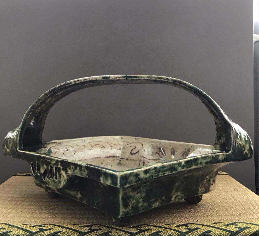 茶道具　菓子器　織部　透入手鉢　横井米禽作　共箱　S1013TH