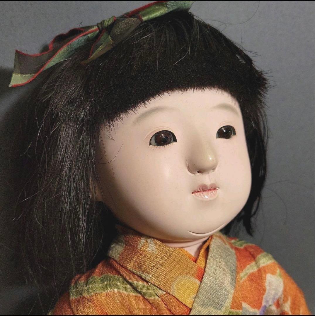 【市松人形　國光作】リボンの女の子　ガラスケース入　宅急便発送