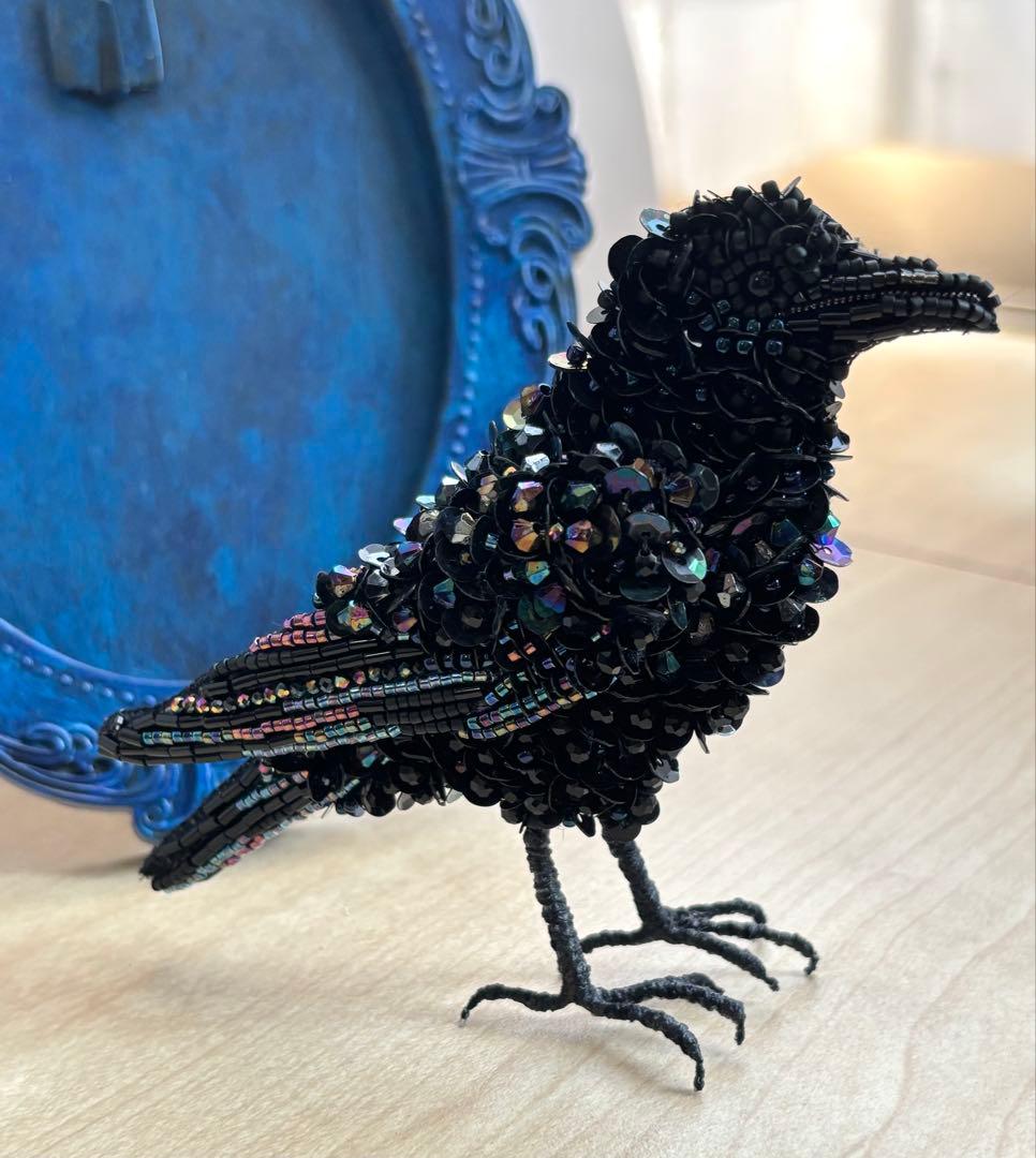 【ハシブトガラス】ビーズ刺繍ブローチバッグチャーム