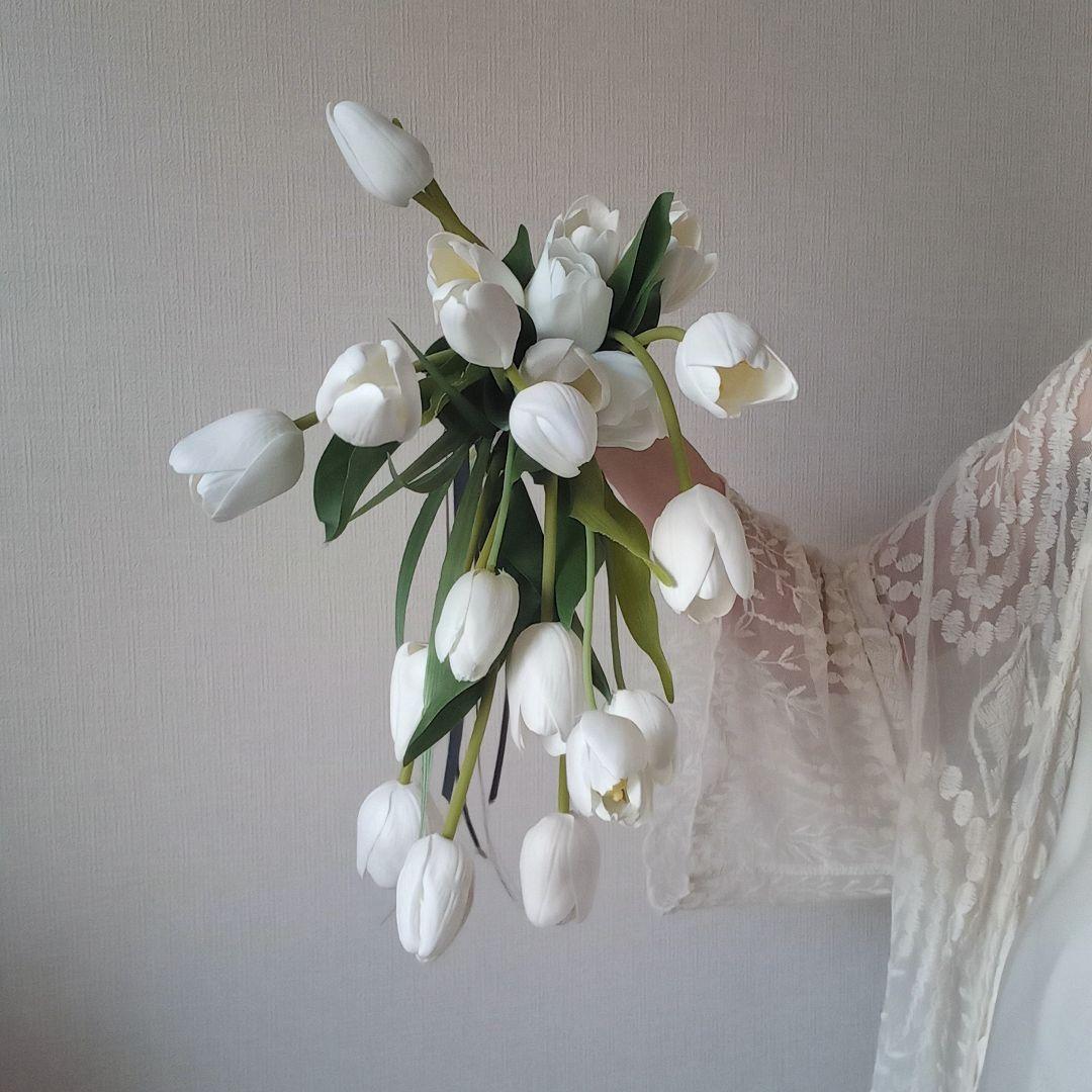 ホワイト　白　チューリップ　シャワーブーケ　ウェディングブーケ　造花