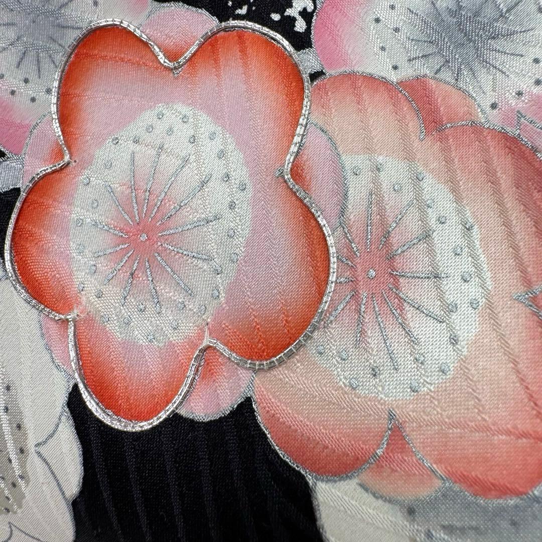 豪華振袖9点フルセット 地紋　銀駒刺繍　黒地　梅紋様　成人式　お正月　結婚式