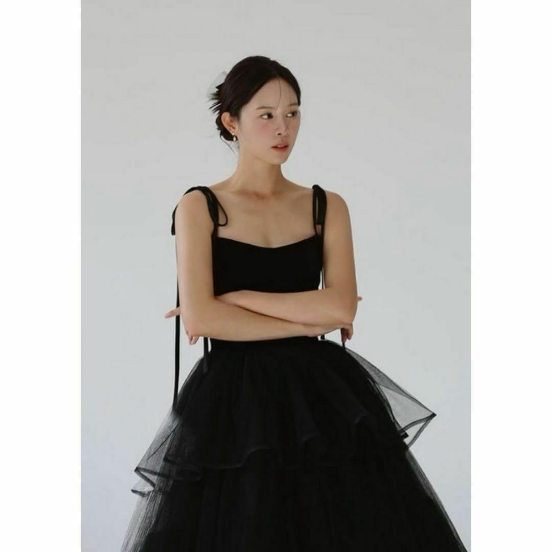 ブラックキャミソールティアードチュールドレス／結婚式／前撮り／カラードレス