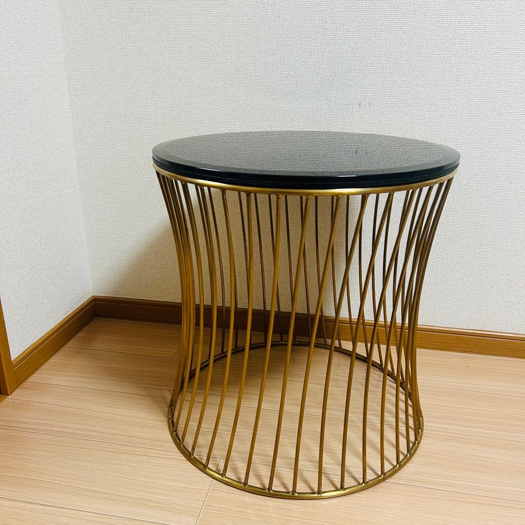 美品　関家具 ラウンド サイドテーブル ガラス天板 ブラス 螺旋 高級 テーブル