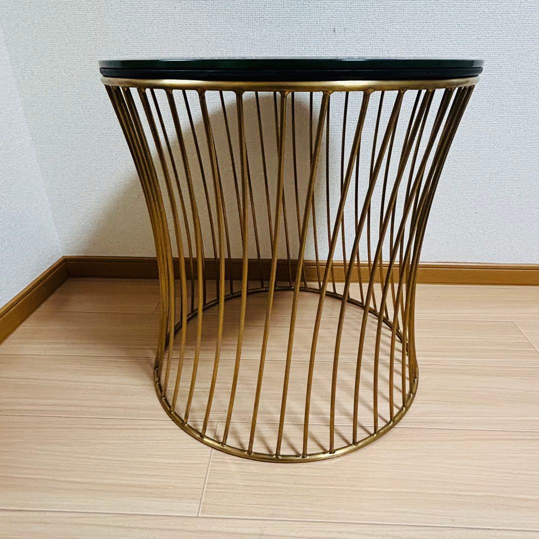 美品　関家具 ラウンド サイドテーブル ガラス天板 ブラス 螺旋 高級 テーブル