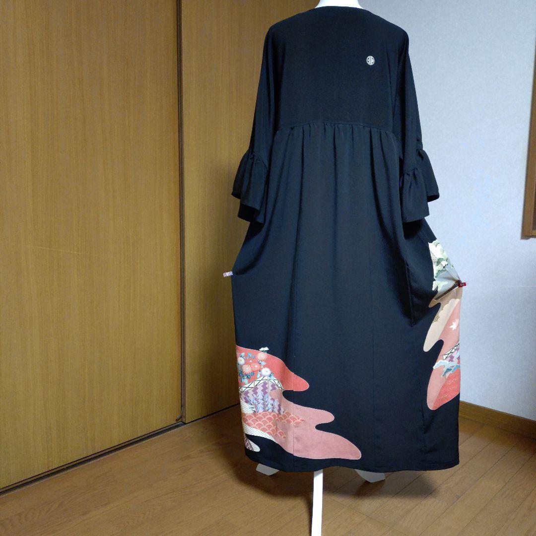 正絹留袖リメイク✤ゆったりロングワンピース✤フリル袖✤シルクのペチコート付