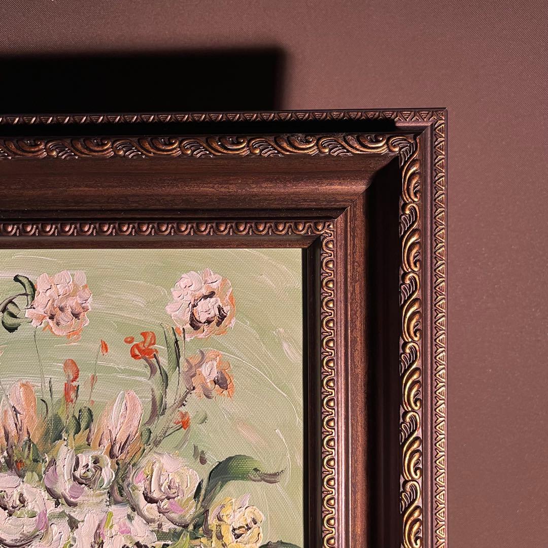 手書き油絵 ゴッホ 花瓶の薔薇 額付 肉筆絵画 インテリア 有名絵画 油彩画