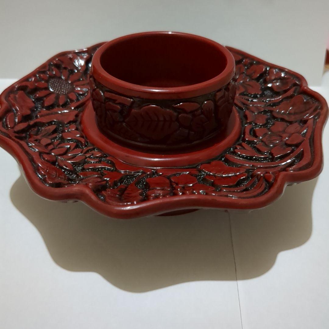 天目台　茶道　お茶の稽古 天目茶碗用　茶椀　えんじ色　彫り物