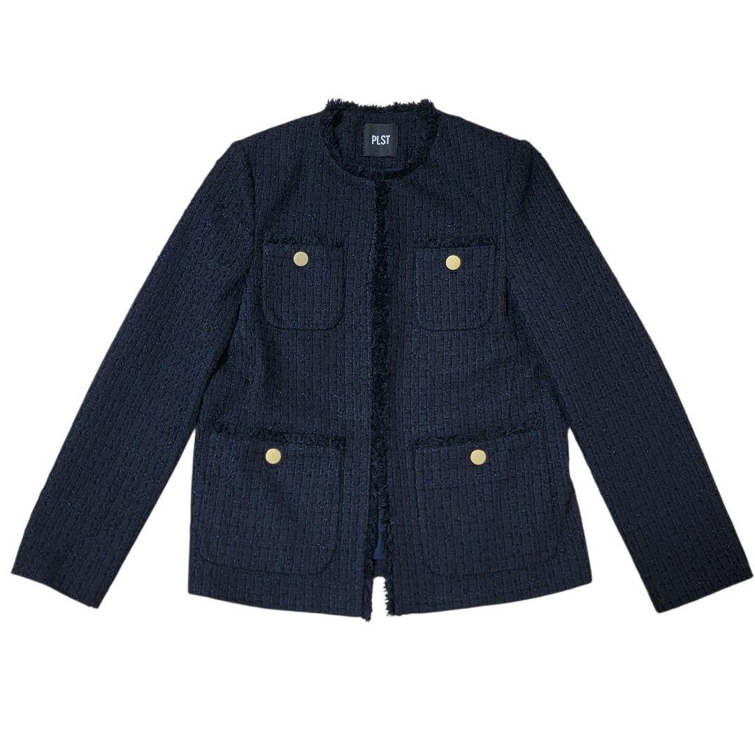ほぼ未使用 プラステ PLST ノーカラーツイードジャケット M 紺