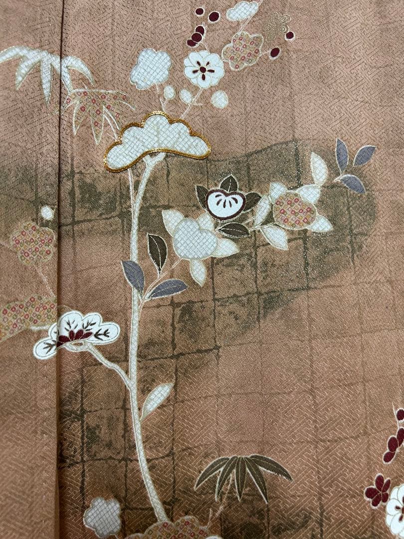 美品　訪問着のみ　ブラウン　希少S S サイズ　金刺繍　松竹梅　椿　パール加工済