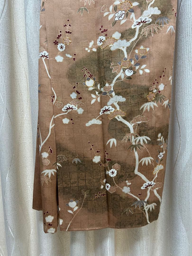 美品　訪問着のみ　ブラウン　希少S S サイズ　金刺繍　松竹梅　椿　パール加工済