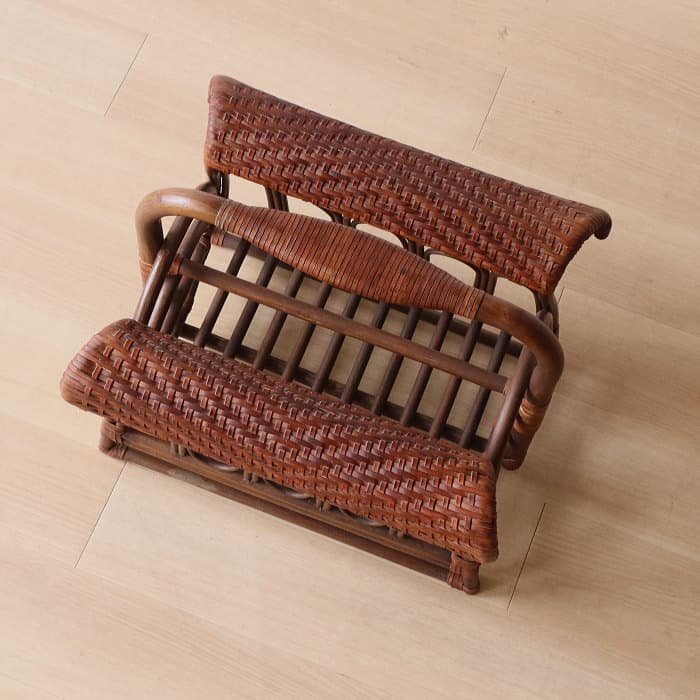 アンティーク ラタン＆レザー スリッパラック マガジンラック 本革 古家具