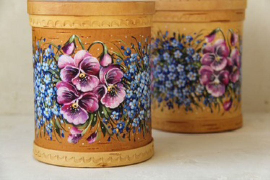 ロシア雑貨☆白樺工芸ベレスタ『パンジーと勿忘草』キャニスター2個 マトリョーシカ