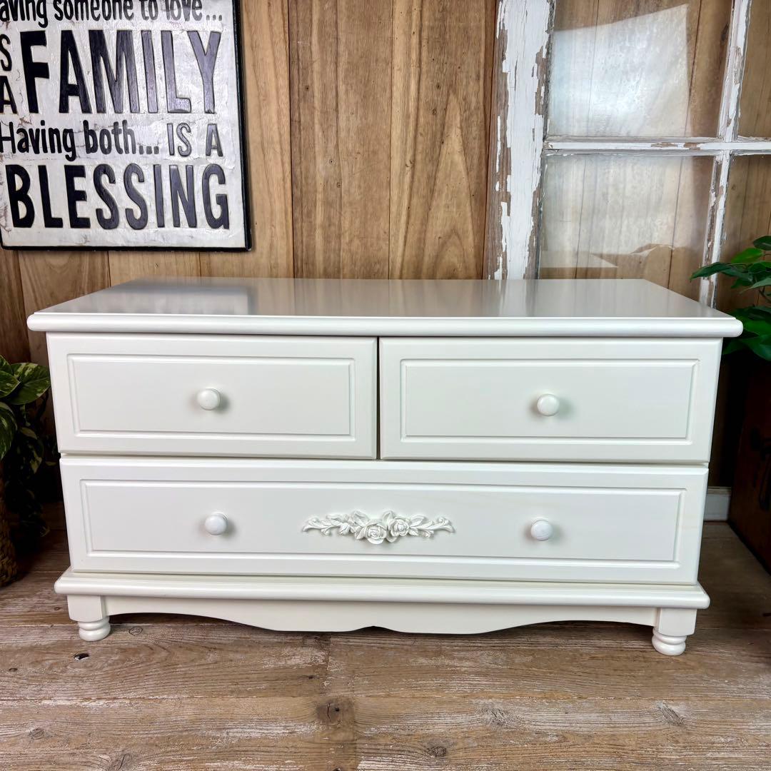 フレンチ調ホワイトチェスト横長木製収納家具姫系洋タンス飾り棚姫かわテレビ台TV台