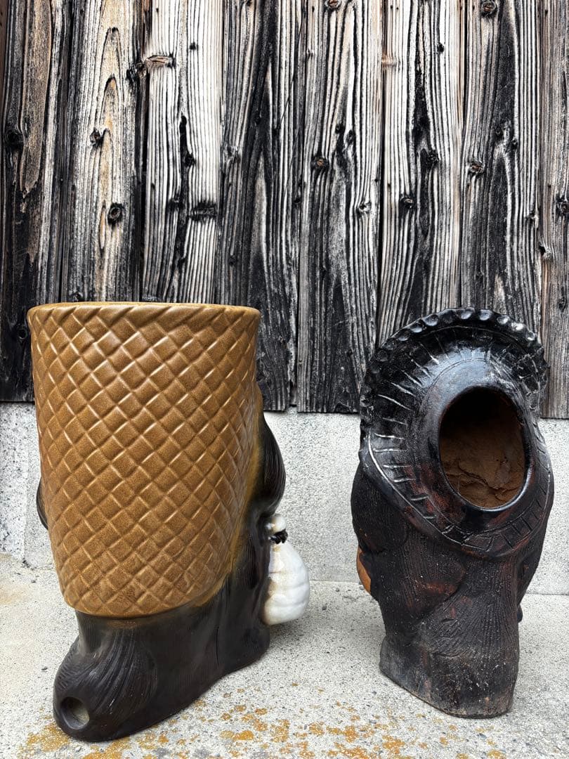 信楽焼 たぬき 2体セット 傘立て＆置物 商売繁盛 縁起物 陶器製 昭和レトロ