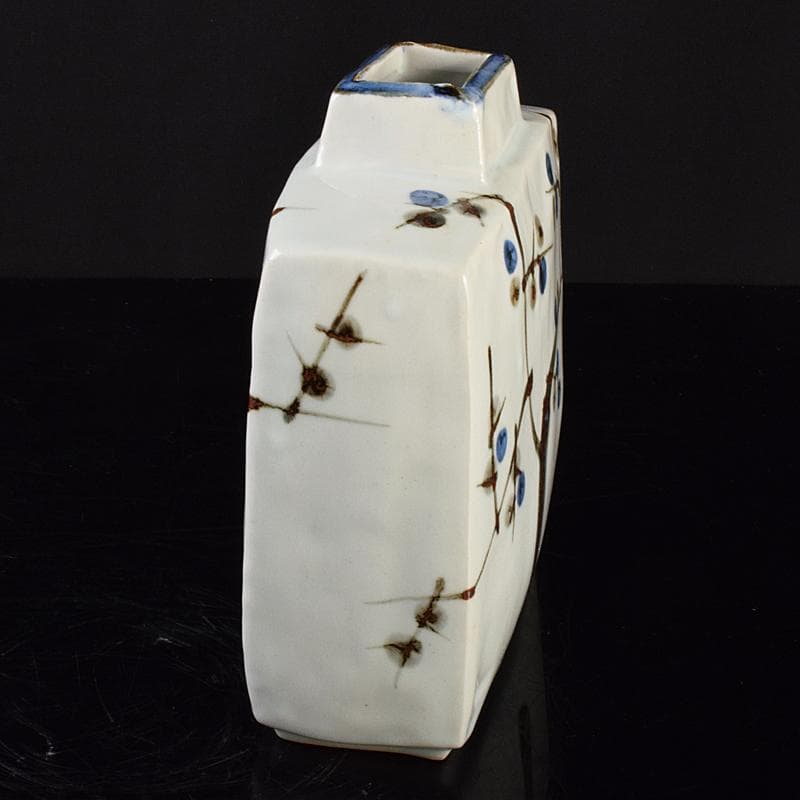 purinmama　人間国宝加藤卓男作白釉梅図　扁壷　共箱　M　R5120