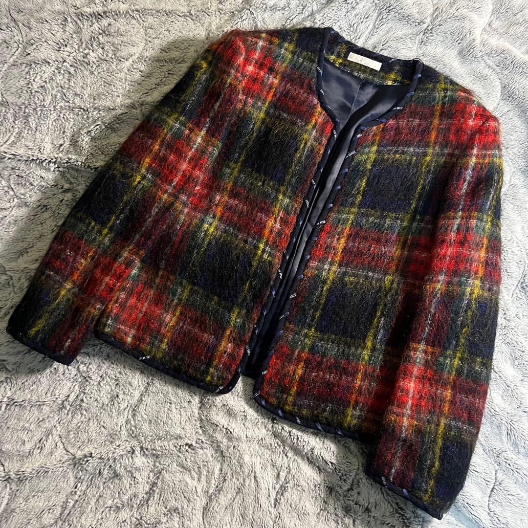 PINK HOUSE モヘアシャギーノーカラーチェックジャケット