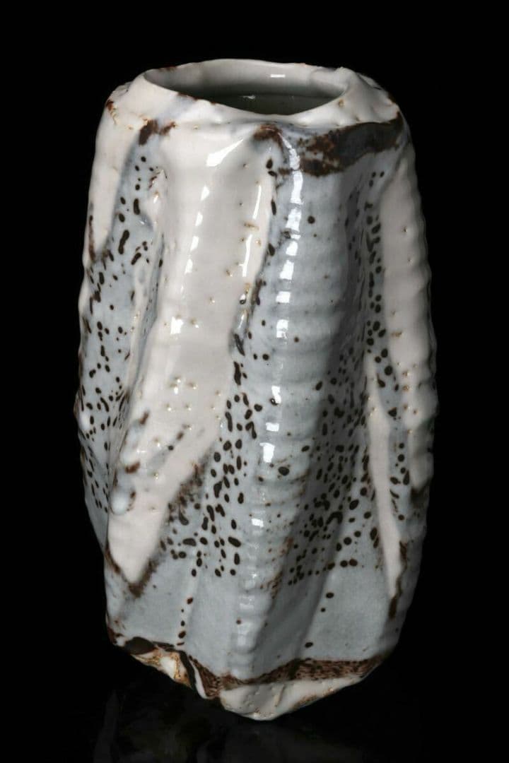 現代美濃陶芸【塚本治彦】志野花生 共箱 書状 略歴付 三越個展出品作 花器 花瓶