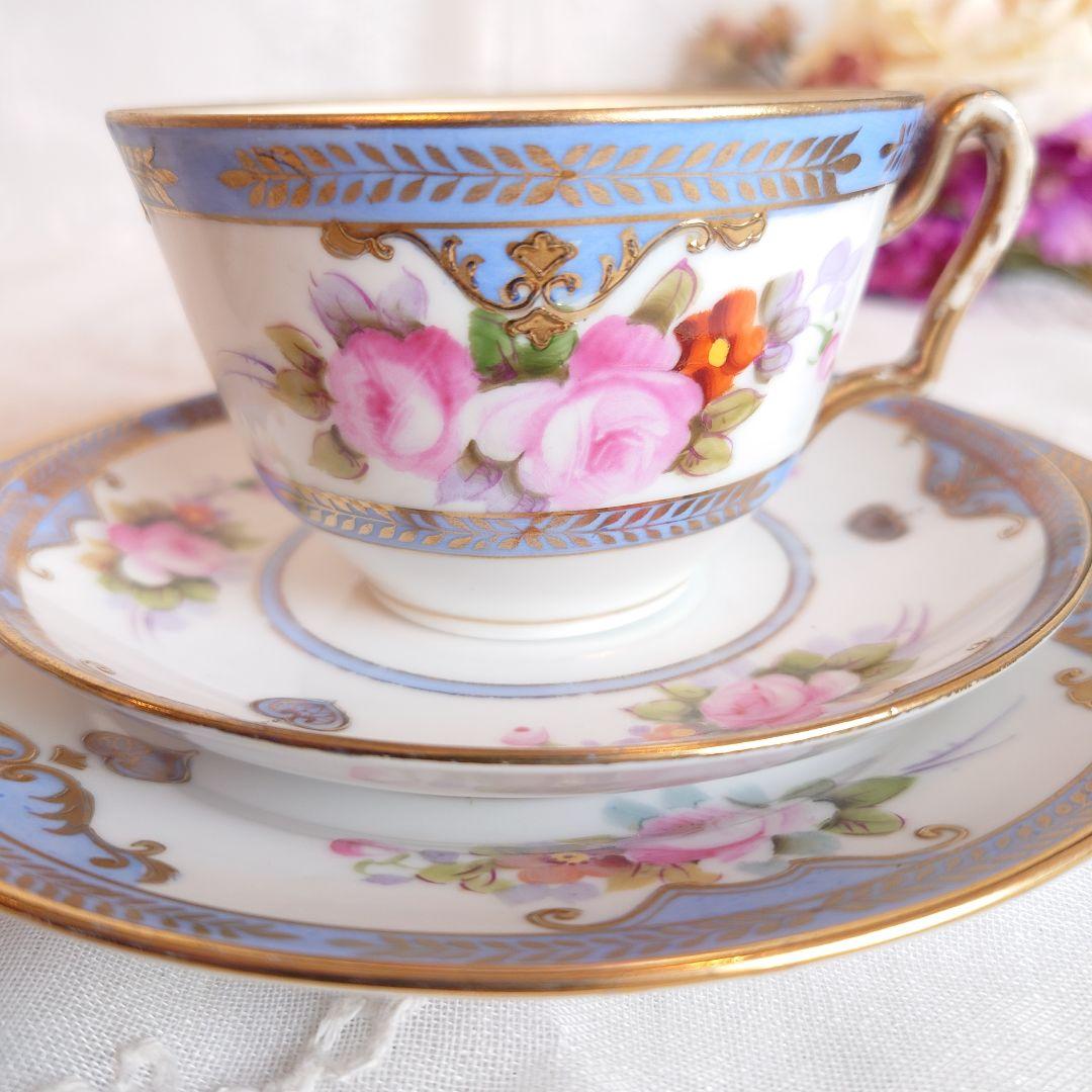 オールドノリタケ　藤色薔薇絵図　カップ＆ソーサー　ケーキ皿　トリオ